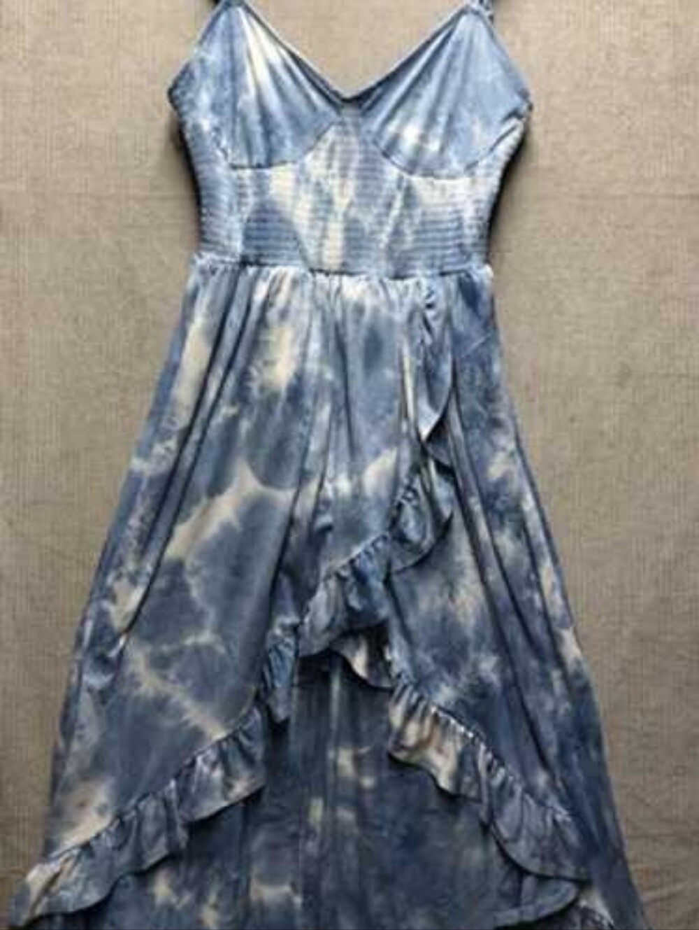 blue sky tie-dye faux-wrap midi sundress
